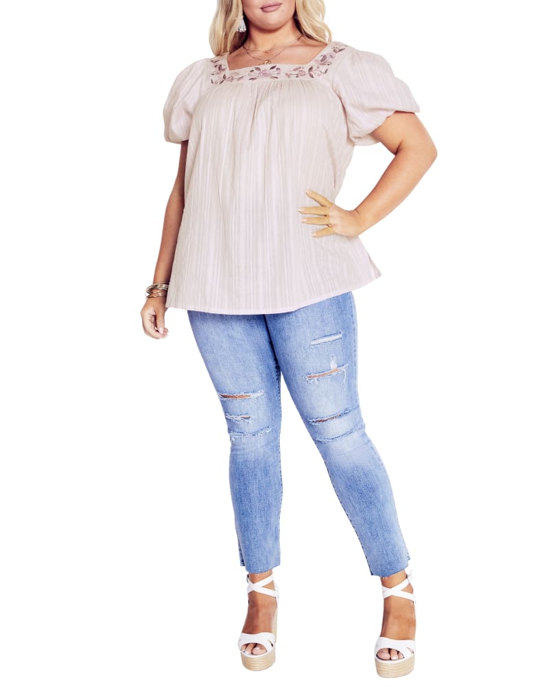 Front of a model wearing a size 18 TOP MISTY EMB in Lavender by Aveology. | dia_product_style_image_id:297812